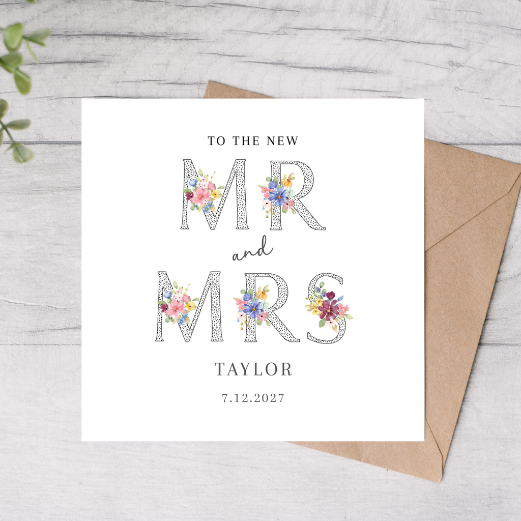 Personalised floral Mr & Mrs card name and date