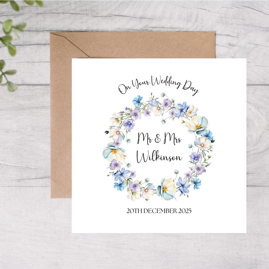 Wedding card with floral design and personalised name and date 