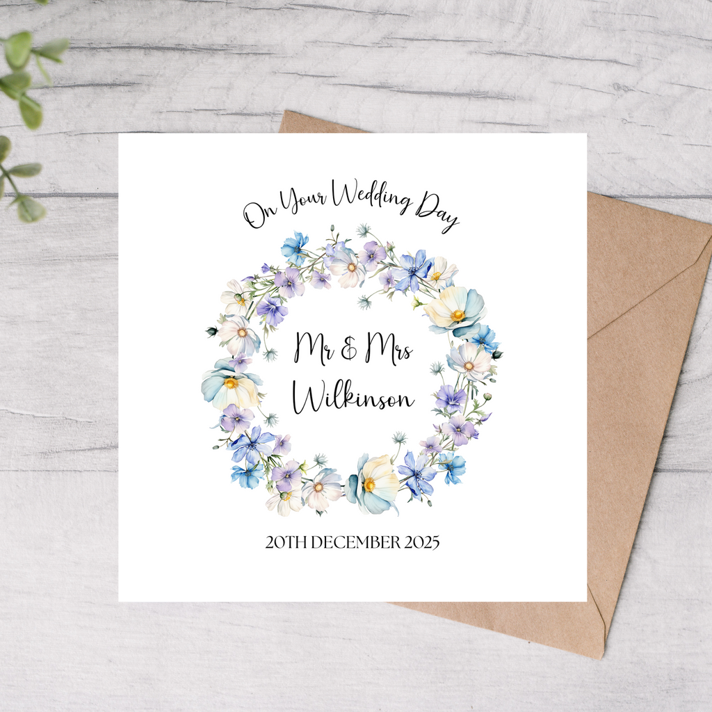 Wedding card floral design with personalised date and name