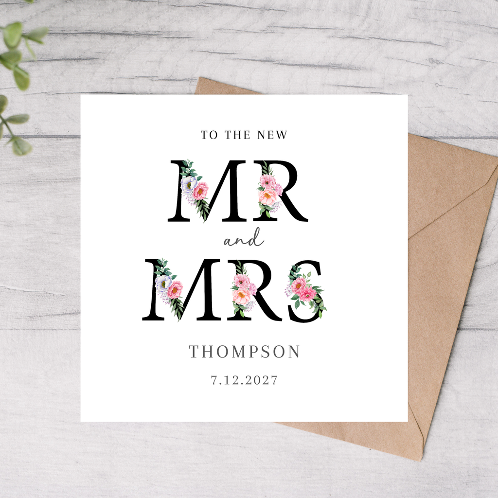 Personalised Mr & Mrs card with floral design 