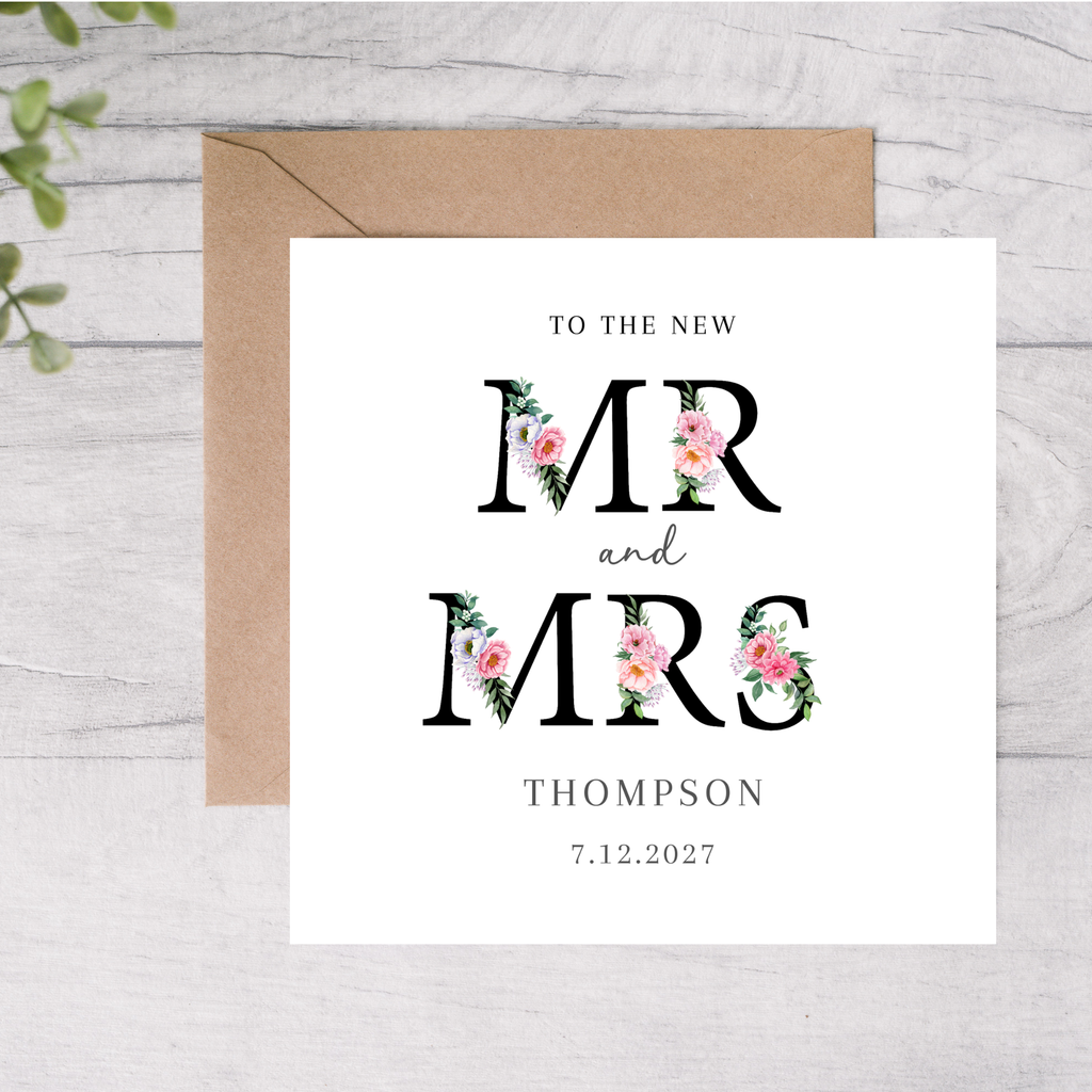 Personalised Mr & Mrs card floral design with name and date
