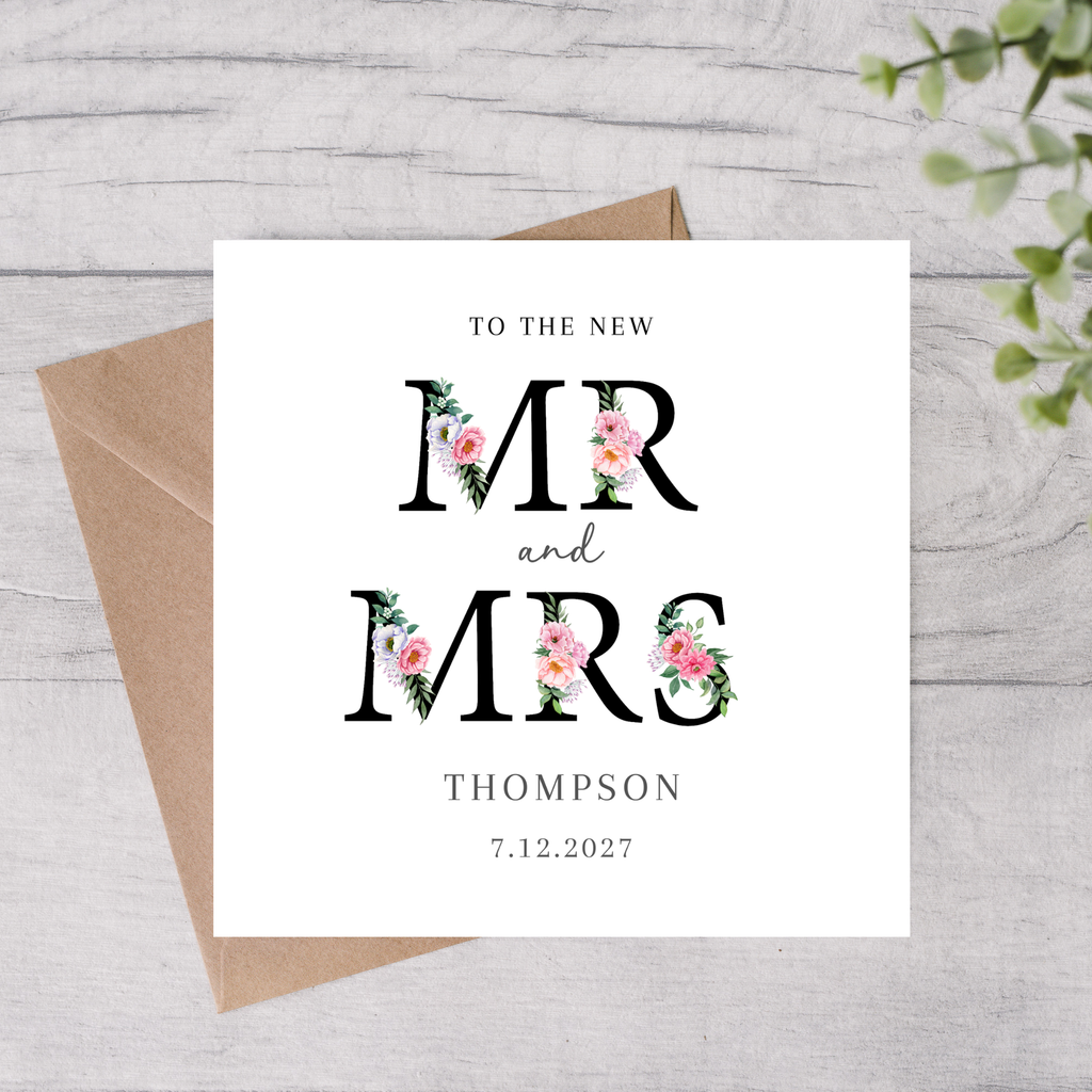 Personalised Mr & Mrs card floral design custom name and date