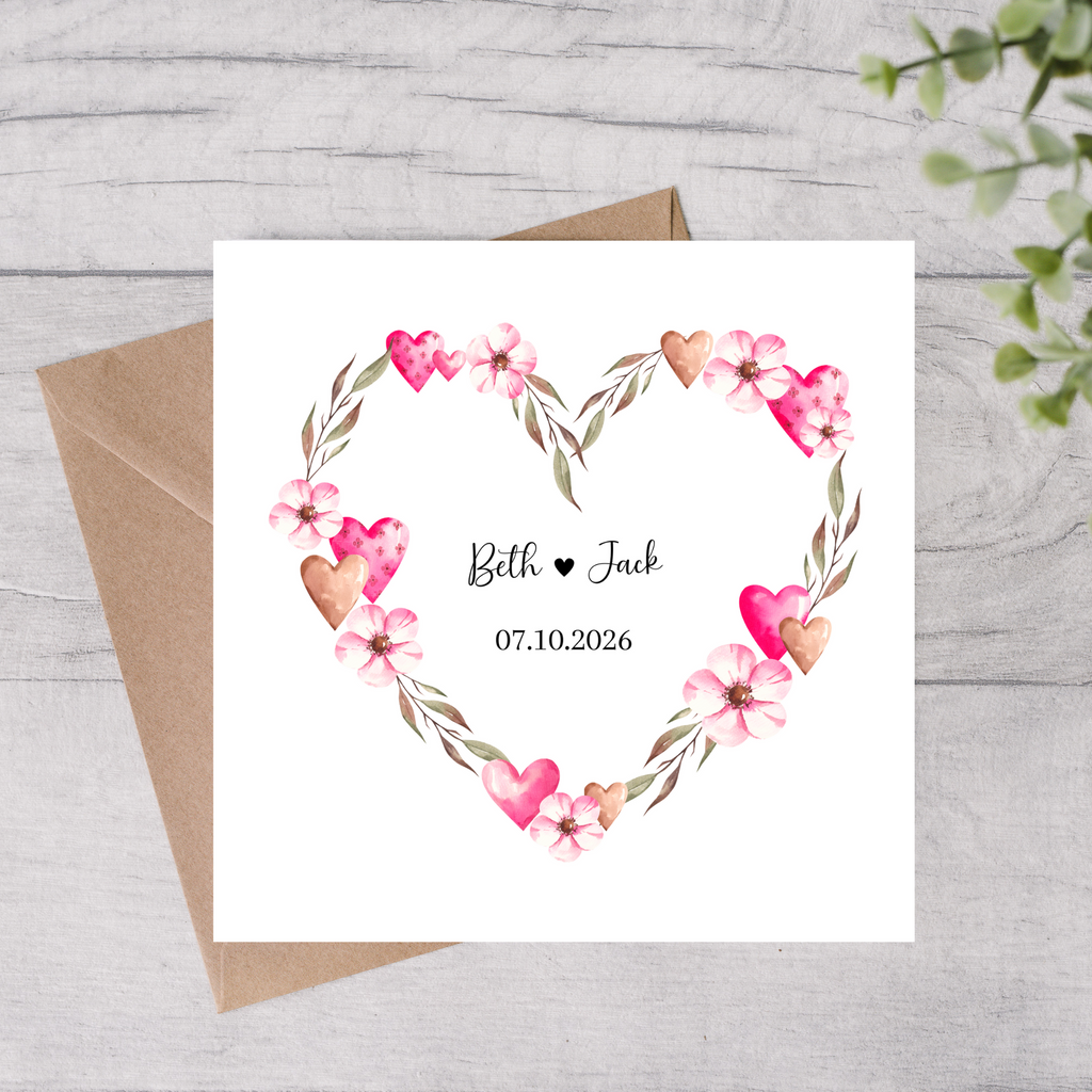 Personalised wedding card heart design with name and date