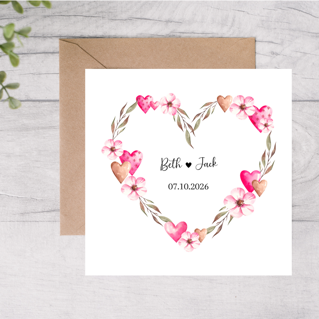 Personalised wedding card with heart design custom name and date