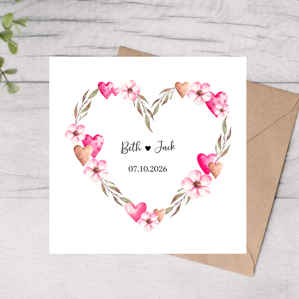Personalised wedding card with heart design, custom date and name card