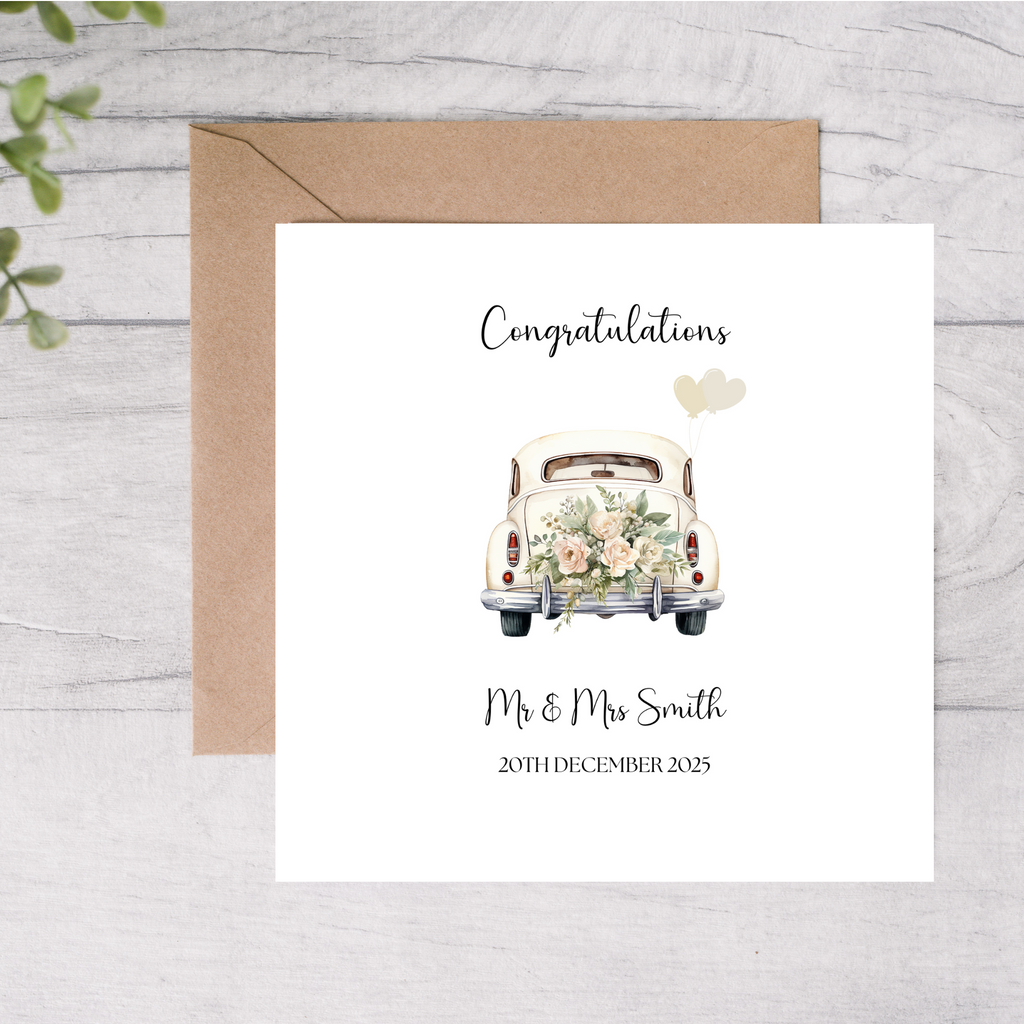 Personalised wedding card with car design congratulations card