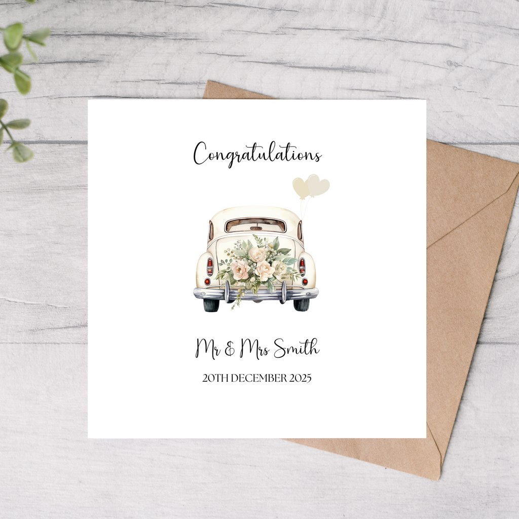 Personalised wedding card with vintage car design, custom name and date