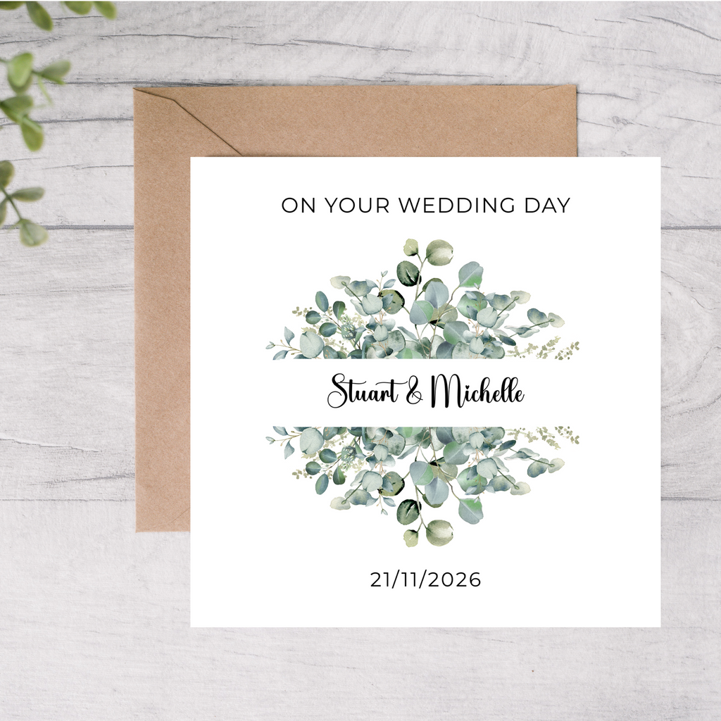 Personalised wedding day card with name and date