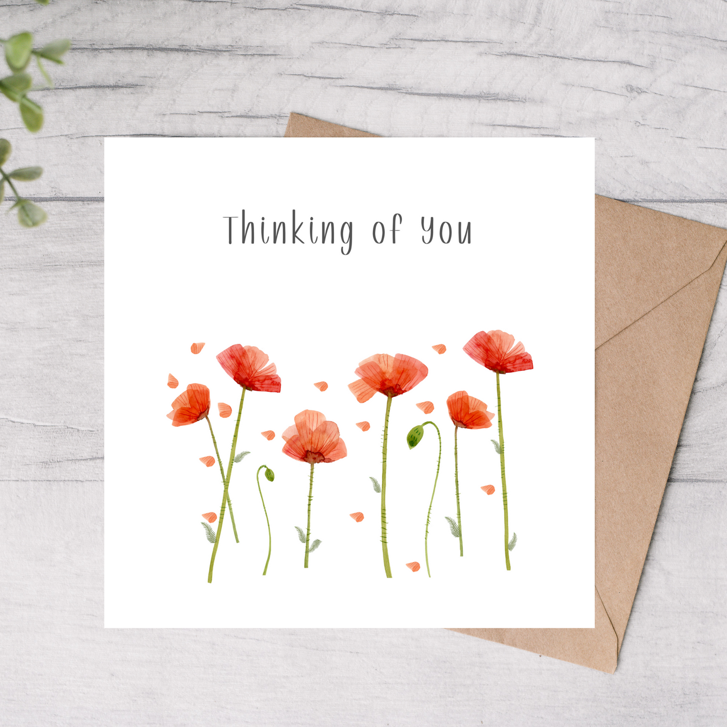 Greeting card with poppy flowers and 'Thinking of you' text on a white background with a brown envelope.