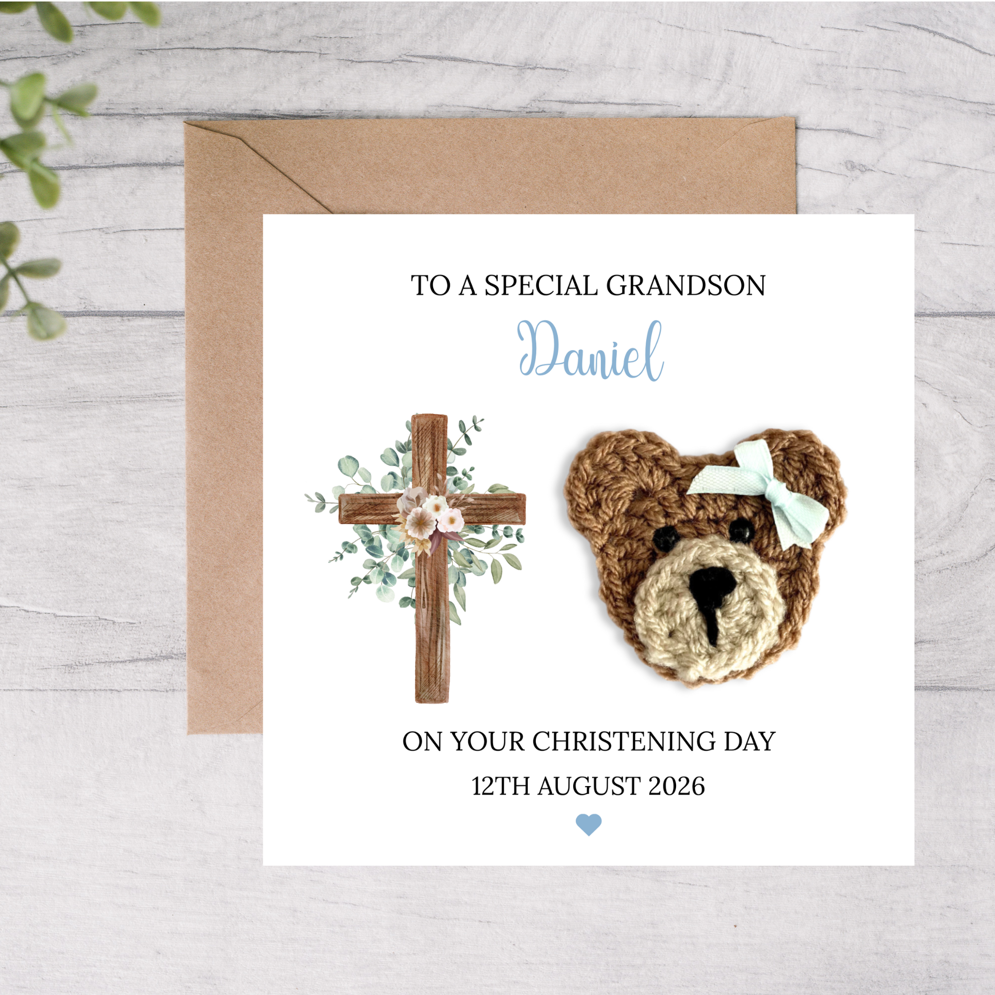 Greeting card for a christening with a teddy bear and cross design, personalized for a special grandson.