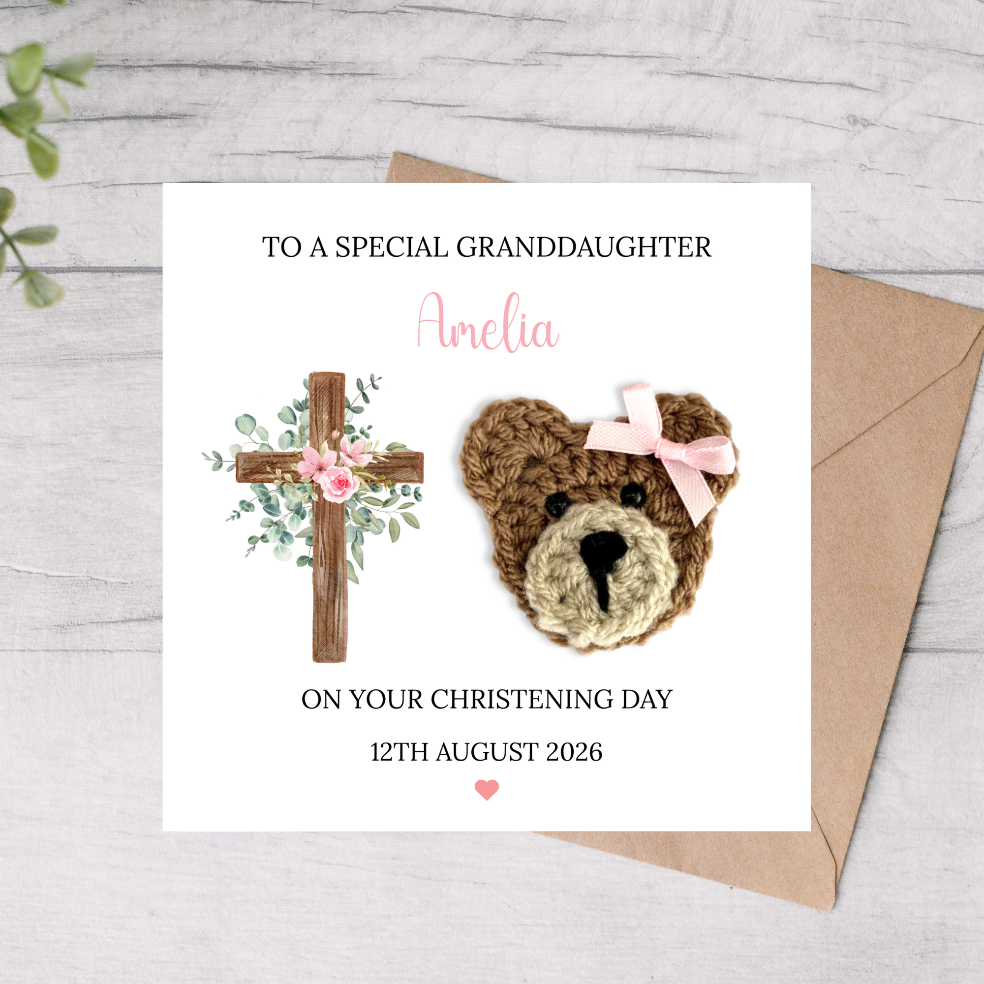 Greeting card with teddy bear design and cross, addressed to a special granddaughter on her Christening Day.