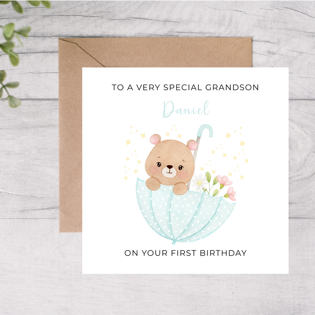 Birthday card for a very special grandson with a bear illustration and personalized text on a wooden surface.