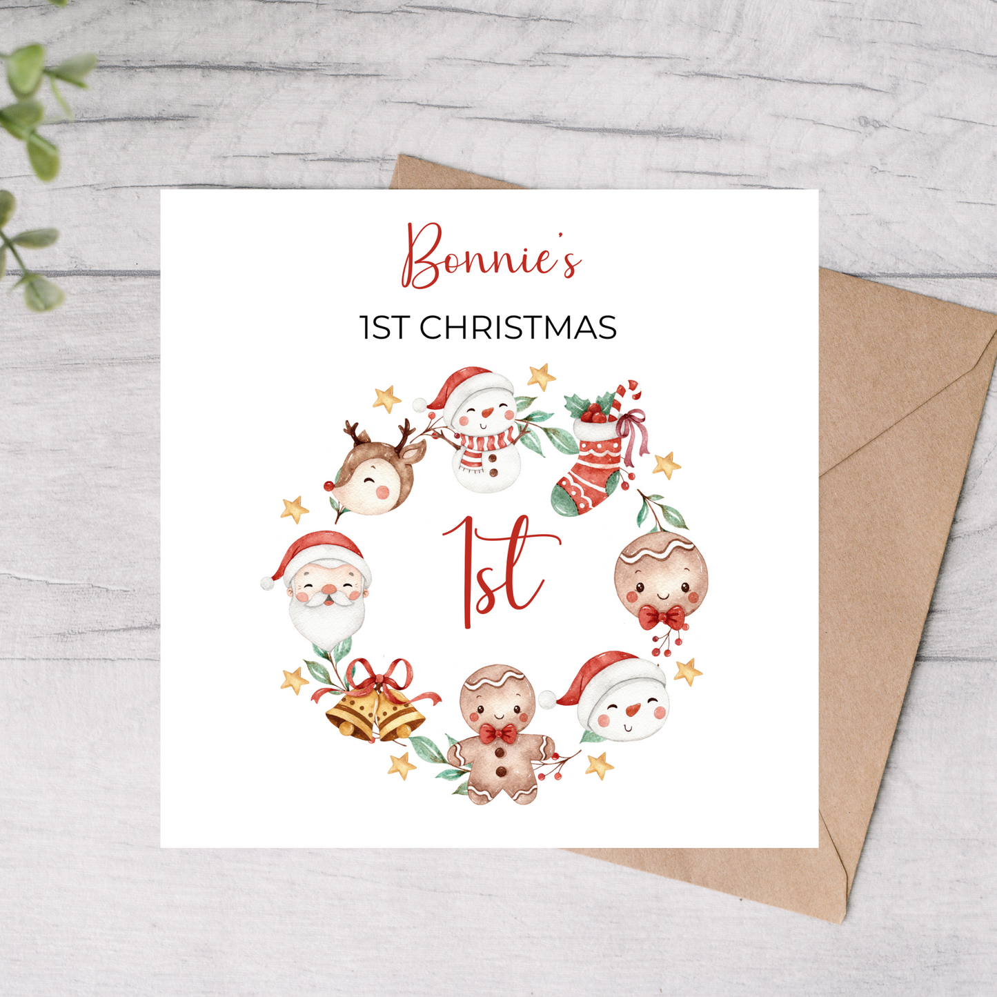 Christmas-themed card with cartoon characters and 'Bonnie's 1st Christmas' text on a white background.
