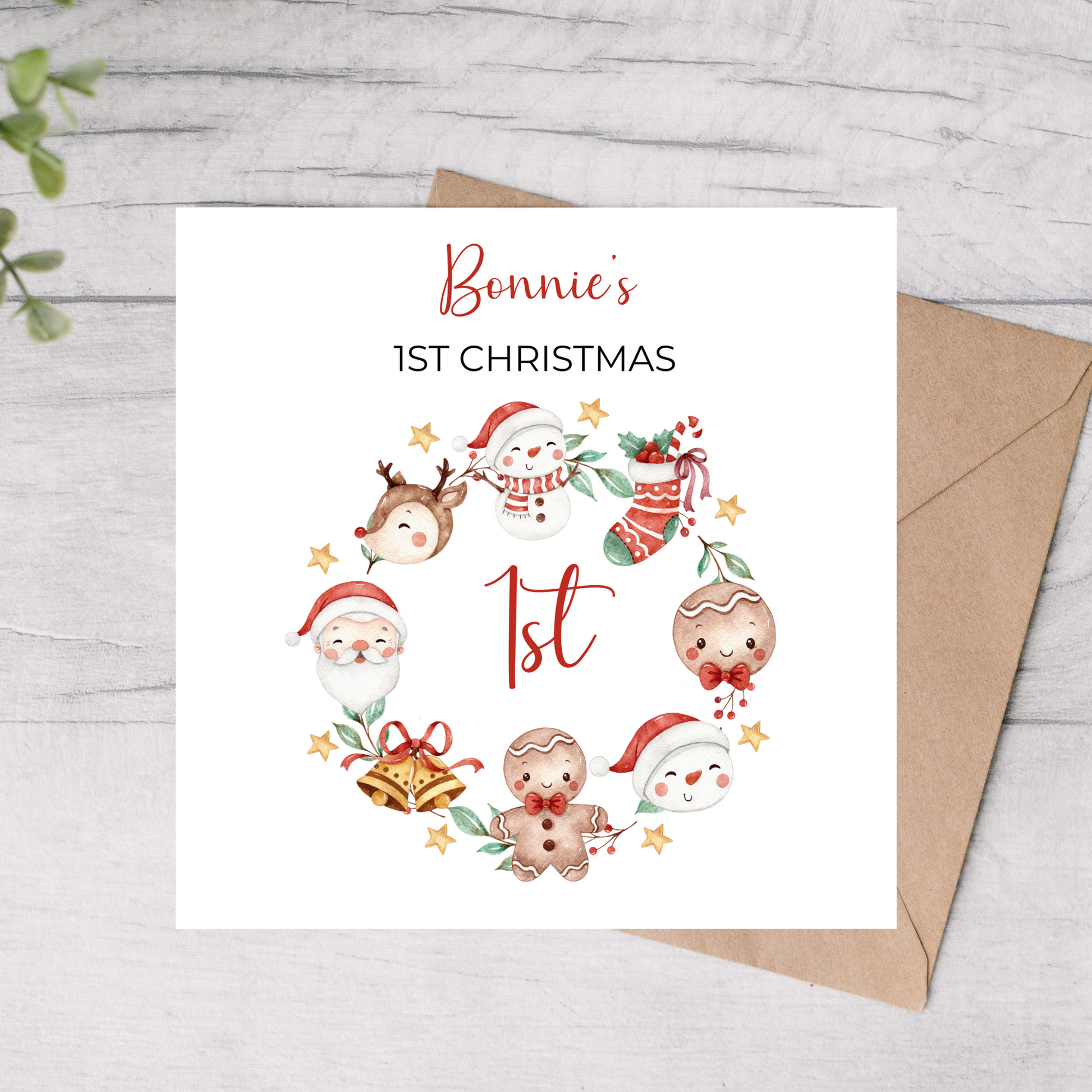 Christmas-themed card with cartoon characters and 'Bonnie's 1st Christmas' text on a white background.